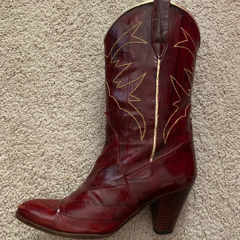 Used Saffron Eel skin boots 5.5 dark red gold cowboy cowgirl vintage